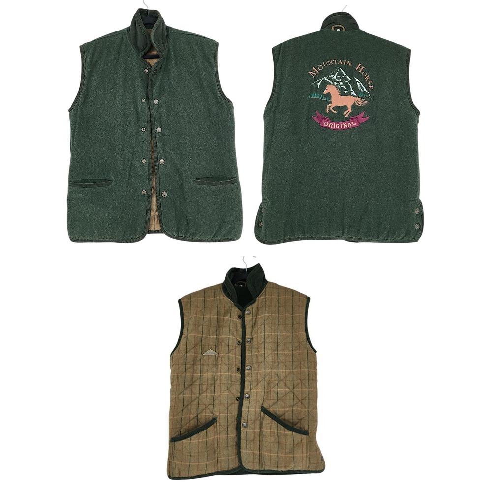 Vtg Mountain Horse Vest M Men Equestrian Reversible Green Wool Quilt Plaid Gilet